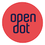 Logo dell'azienda OpenDot formato da un cerchio color corallo che fa da sfondo alla scritta "open dot" in blu